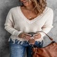 thumbnail image 2 of Mode des Femmes Bloc de Couleur Pull Manches Longues Creux Pompons en Détresse Pull, 2 of 5