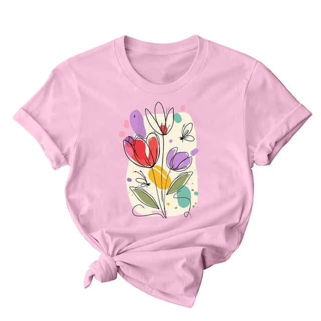 RKSTN Hauts d'Été pour Femmes Décontractés Coupe Ample Polyvalents T-Shirts Graphiques Mode à Imprimé Floral Respirants Manches Courtes Col Rond T-shirt Blouses, Cadeaux de la Fête des Mères