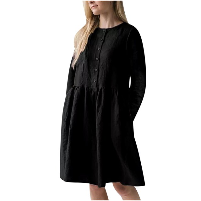 Robes en Coton pour Femmes Décontractées Été Mode Décontractée Col Rond Bouton Manches Longues Robe en Coton et Lin Longueur Genou Poche Robes Unies Robes en Lin pour Femmes Décontractées Été