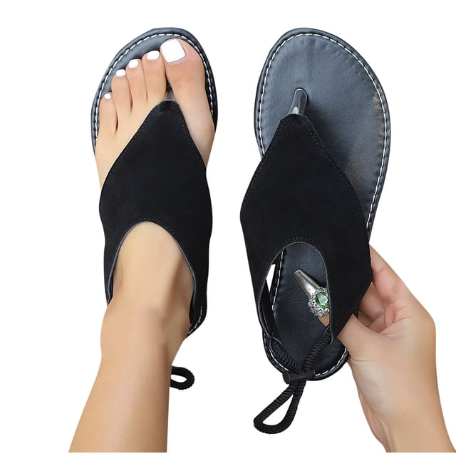 Flat Sandals for Women Flip Flops Adjustable Drawstring Slingback Non Slip Beach Summer Sandals Black