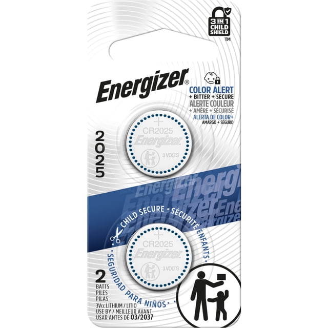 Energizer 2025 Lithium Coin Battery 2-pack with two silver CR2025 3-volt lithium coin batteries in child-resistant packaging featuring color alert and bitter secure safety, ideal for calculators, remotes, key fobs, and suitable for toys and games.