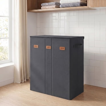 Triple Laundry Hamper with Lid, Removable Machine-Washable Liner Bags, Laundry Basket for Bedroom, Gray