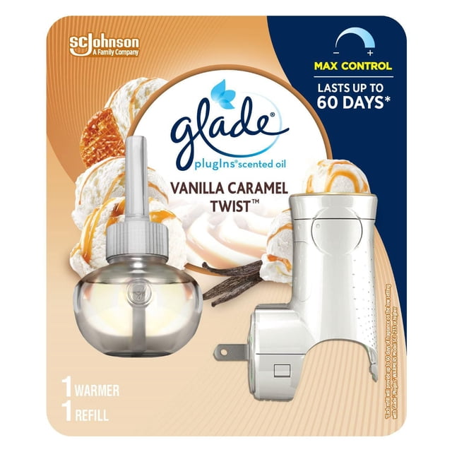 Glade Plugins® Air Freshener Oil Refill Vanilla Caramel Twist with a clear round oil refill bottle and a white plug-in warmer featuring adjustable scent control, displayed on beige and navy packaging with vanilla ice cream and caramel swirl visuals, lasting up to 60 days.