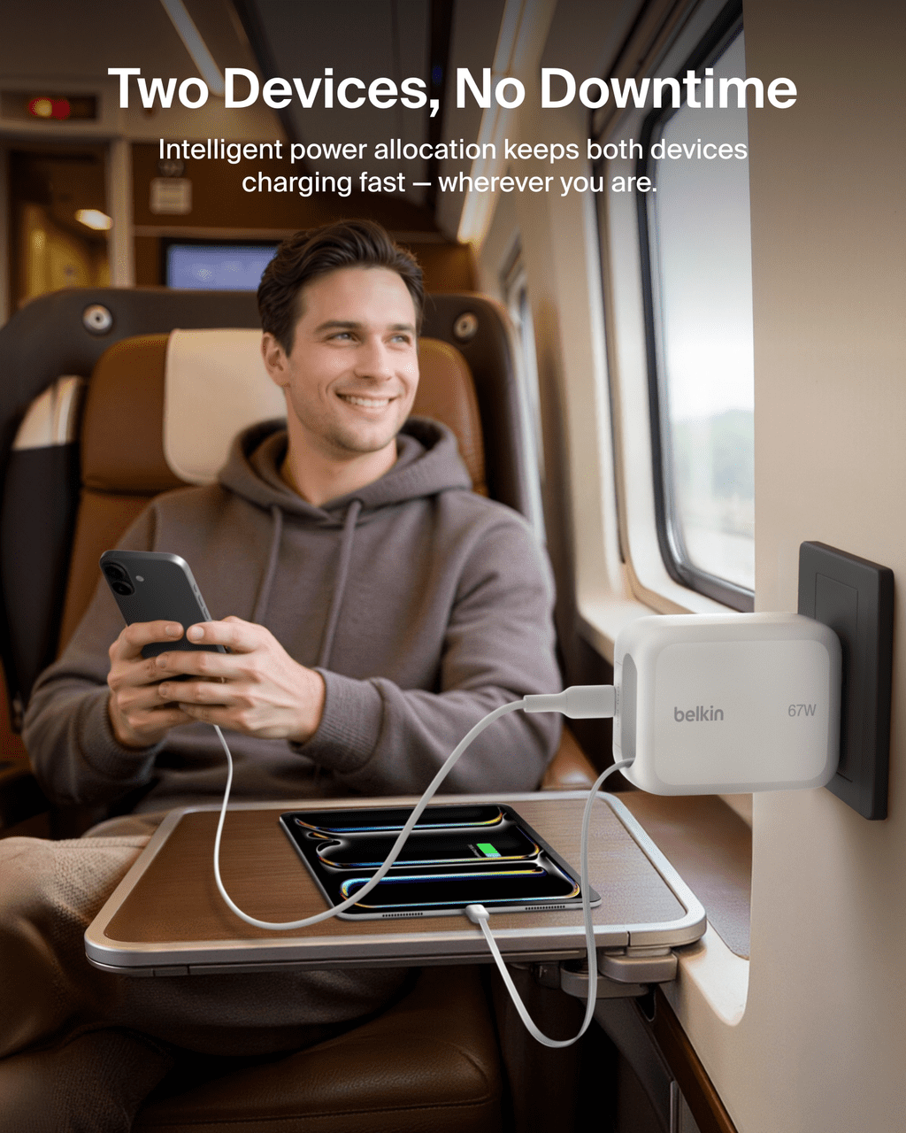 Belkin Chargeur mural 67 W à double ports USB-C avec câble USB-C rétractable (75 cm / 29,5 po), blanc