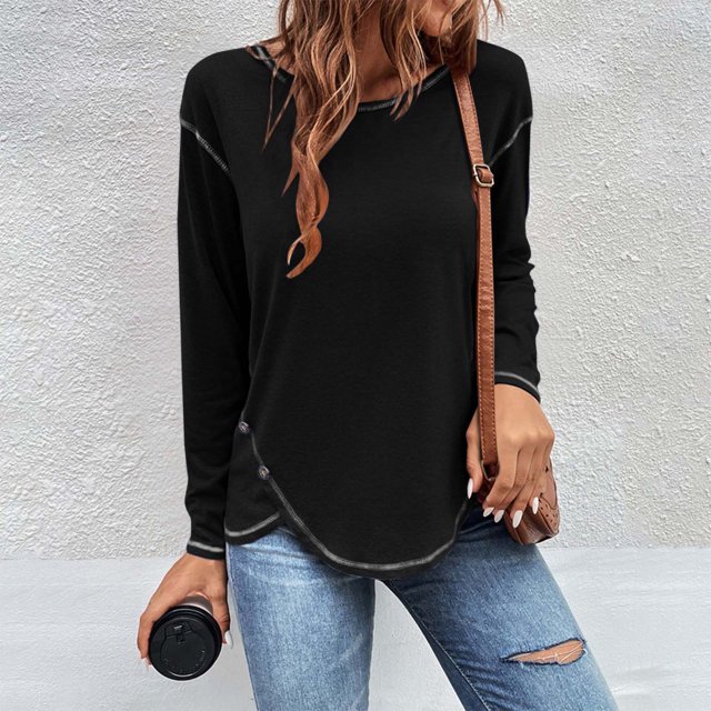 RXIRUCGD Mode Chemisier Patchwork Décontracté à Manches Longues et Col Rond pour Femmes, Noir, Taille : 2TG