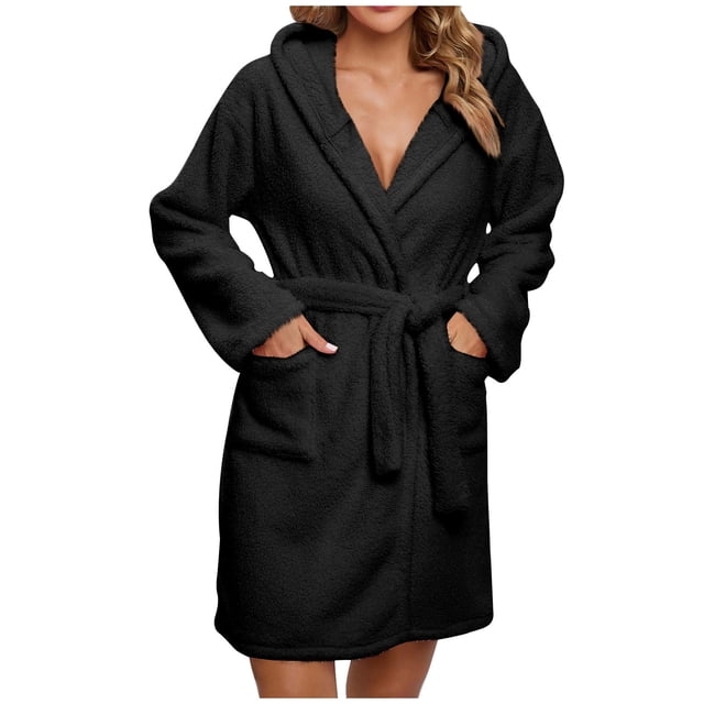 Penkiiy Womens Plush Soft Robe Warm Fleece Shawl Collar Bathrobe Fluffy Long Robes with Pockets S Black
