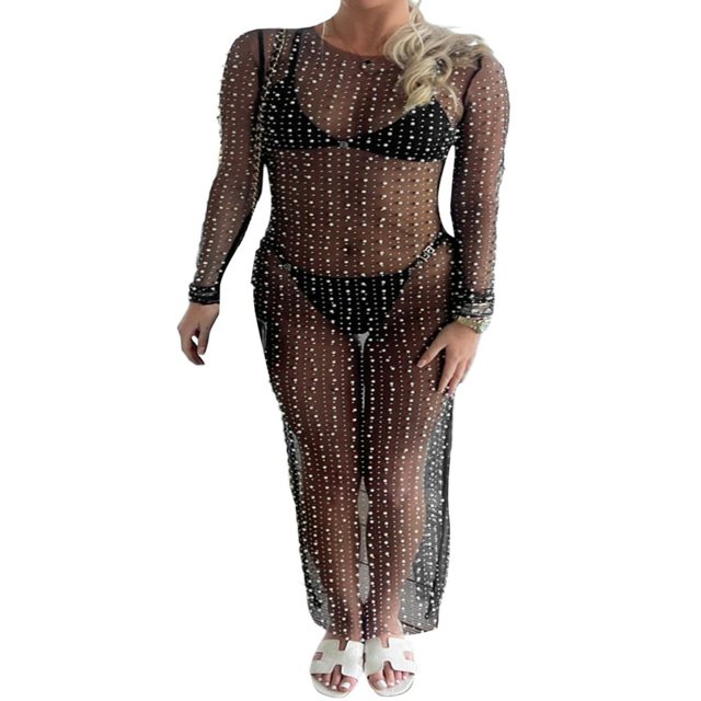 Robe Longue Maxi Transparente en Maille Perlée pour Femmes, Couverture de Bikini de Plage