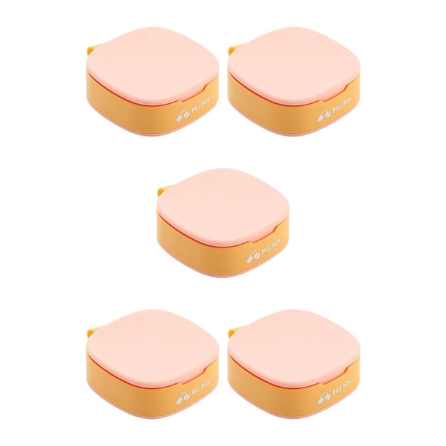 Transemion Pill Storage Box Small Pills Tablet Organizer Container Travel Case Travelling Camping Accessories Emergency Supplies Pink 5Set. A set of five compact, square-shaped pill storage boxes in pink with orange bases, featuring a secure lid and labeled 'Pill Box' with a pill icon. Made of durable plastic, each box measures approximately 7.7x7.7x2.9cm and includes internal grids for organized storage. Ideal for travel, camping, or emergency use.