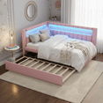 thumbnail image 2 of Homy Casa Upholstered Twin Platform Bed with LED Lights and USB Charging Station with Pull Out Trundle for Kids Teens, and Guest Room, Pink, 2 of 5