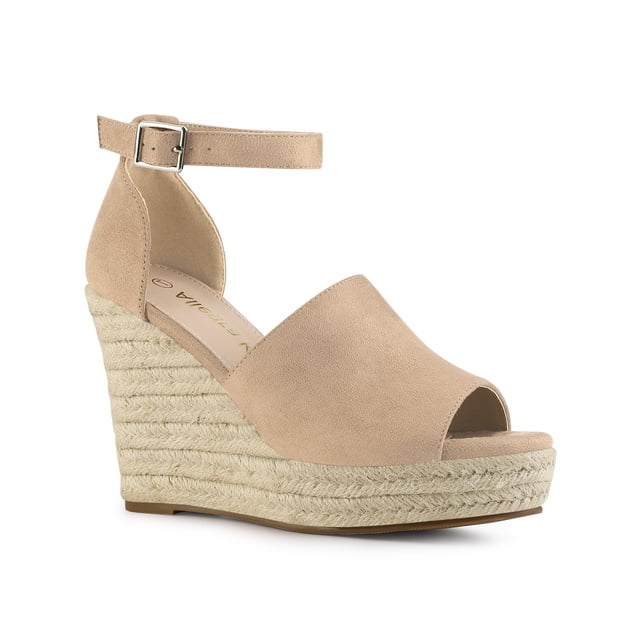BLISSFUL STEP Women's Shoes Espadrille Wedge Ankle Strap Open Toe Faux Suede Sandals Nude 7
