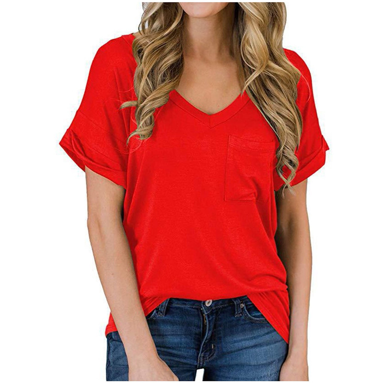 Womens Solid Short Sleeve V-Neck Casual Pockets Tee Tops T Shirt