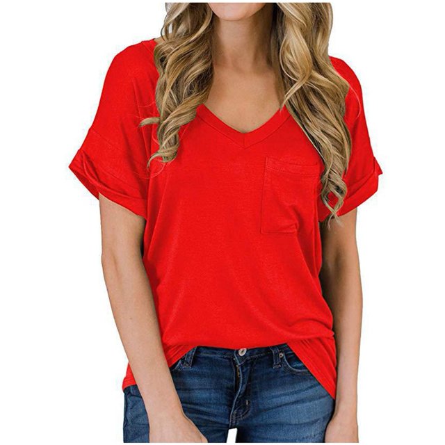 Birdeem T-Shirt Décontracté pour Femmes à Manches Courtes, Col en V, Uni, avec Poches