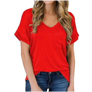 T-shirt Décontracté pour Femmes à Manches Courtes, Col en V, Uni, avec Poches