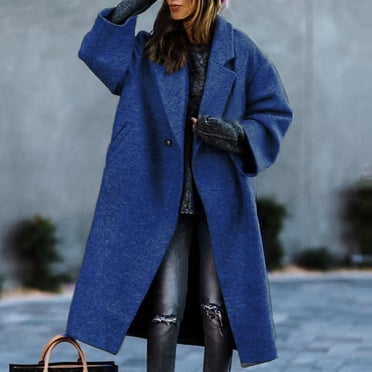 WRKEKC Women's Beltless Wool Blend Coat Notch Lapel Relaxed Fit Long Trench Office Ready Fall Winter Timeless Outerwear Blue XXL