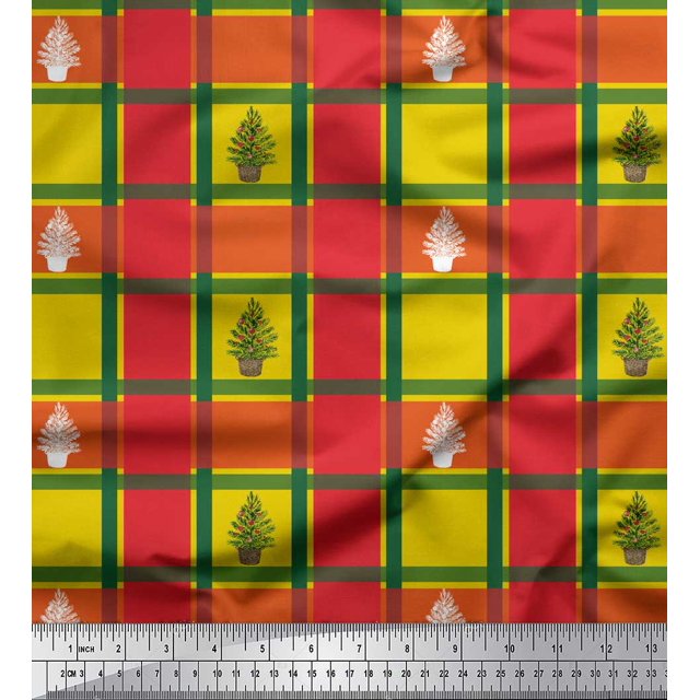 Soimoi Yellow Rayon Fabric Plant & Check Printed Fabric 1 Yard 42 Inch Wide