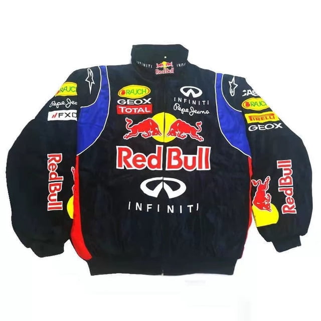F1 Racing Suit Embroidered Cycling Suit Personalized Full Embroidered Cotton-padded Coat designed as a motorcycle jacket with a Red Bull theme. The black jacket features vibrant embroidered logos in red, yellow, and white, including Infiniti, Geox, and Pirelli branding. Suitable for cycling sports and motorcycle apparel, it is gender-neutral and available in sizes S, M, L, XL, and XXL.