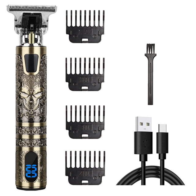 Professional Hair Trimmer, Hair Clipper Contour Trimmer Men's T9 Vintage Series Trimmer with a gold-toned engraved body, LED display, and self-sharpening stainless steel blade. Comes with four guide combs (1.5mm, 2mm, 3mm, 4mm), a cleaning brush, and a USB charging cable. Ideal for grooming hair, beard, sideburns, and body hair with a quiet, powerful motor and ergonomic design.