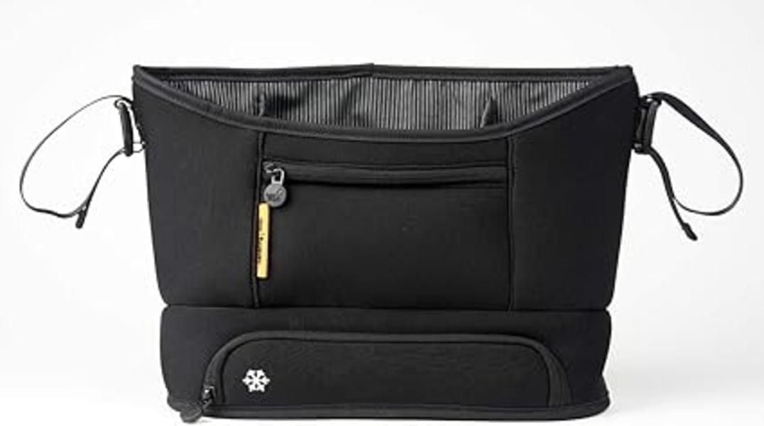 Bababing Stroller Caddy Organizer - Black - Compatible with All Strollers - Quick Attach with Adjustable Clips - Holds 2 Bottles, Large Central Pouch for Snacks, Phones, Essentials - Secure Zip Pocket