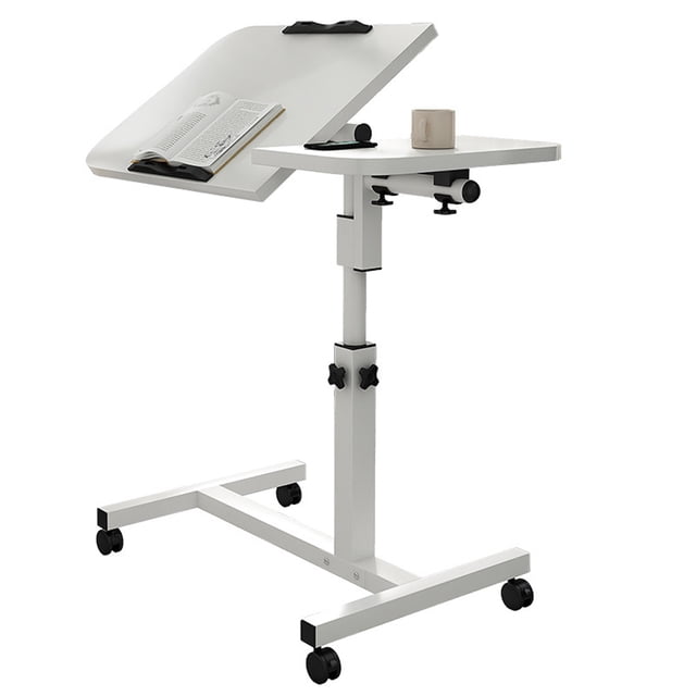 Overbed Table with Wheels, Height Adjustable Over Bed Table Movable Rolling Bedside Table Standing Desk for Hospital and Home Use. Designed for bedroom aids and hospital bedside use, it features a modern and simple style with wood and steel pipe construction. Split desktop measures (40+20) x 40cm, adjustable height from 60 to 95cm, and smooth-rolling wheels for mobility. Suitable for meals, work, or leisure activities in bed.