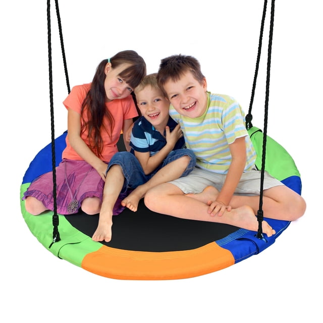 Gymax Balançoire Soucoupe Volante de 40 Pieds' pour Arbre, Ensemble de Jeu Extérieur avec Cordes Ajustables au design Coloré, Doté d'Un Siège Rond de 40 Pouces en Tissu Oxford 600D durable et Tissu PP Respirant. la Balançoire Est Soutenue par une construction en Acier Robuste et des Cordes Multi-Plis, Assurant une Capacité de Poids de 330 Lb. Convient à Plusieurs Enfants, Elle Est Utilisée pour s'Asseoir sur la Balançoire. Idéale pour les Cours Arrière, les Parcs Ou les Arbres, la Hauteur de la Balançoire Est Réglable de 40 à 63 Pouces.