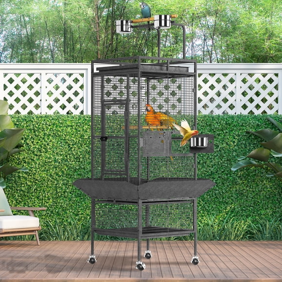 61" Large Wrought Iron Bird Cage with Play Top & Rolling Stand – Removable Tray, Bowls for Parrots, Conures, Cockatiels, Parakeets, Indoor/Outdoor