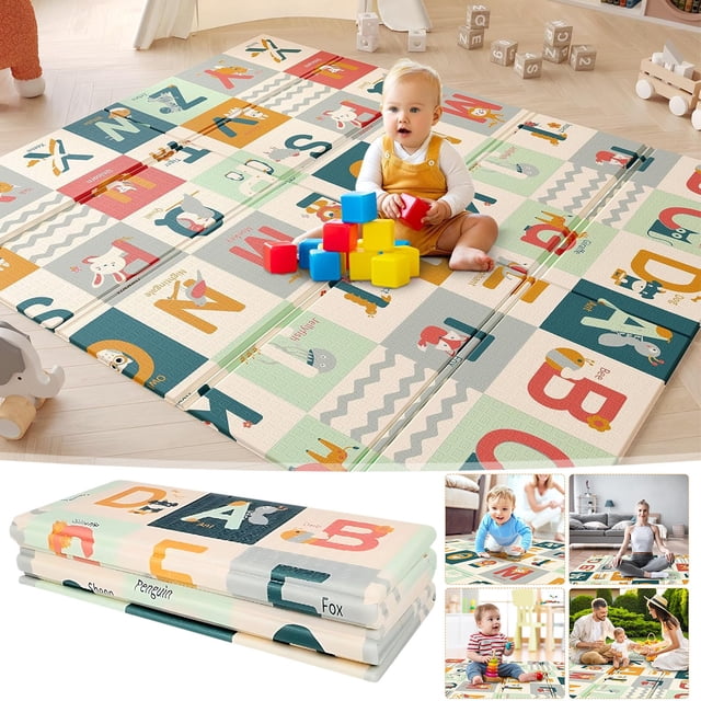 RKSTN Baby Crawling Pad Play Mat Large Foam Crawling Playmat, featuring a vibrant design with letters, numbers, and animal illustrations. The mat is foldable, reversible, waterproof, and made of non-toxic foam. A child is playing on the mat with colorful blocks. The mat measures 177 x 148 x 1 cm, offering a soft and safe surface for crawling and play. Additional images highlight its foldable design and various usage scenarios.