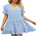 thumbnail image 1 of Women Short Sleeve Mini Dress V Neck Ruffle Casual Dresses A Line Flowy Summer Beach Party Sun Dress, 1 of 7