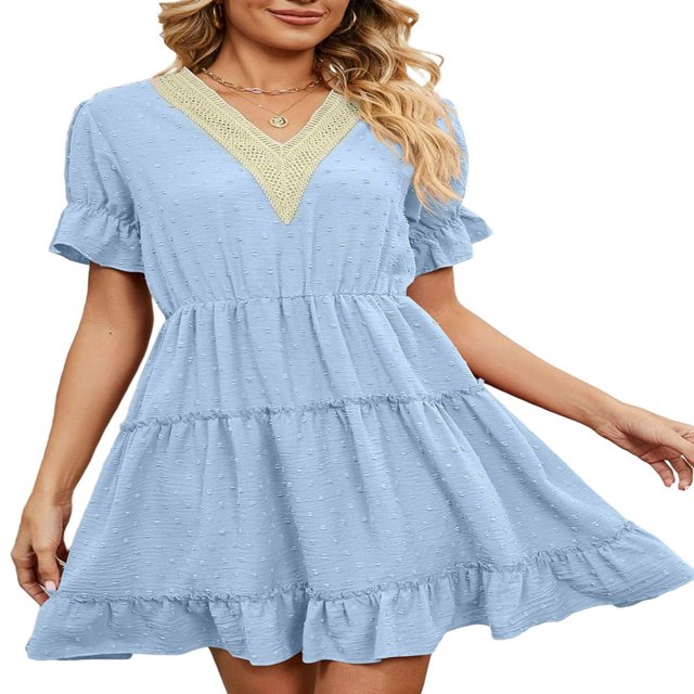 Women Short Sleeve Mini Dress V Neck Ruffle Casual Dresses A Line Flowy Summer Beach Party Sun Dress