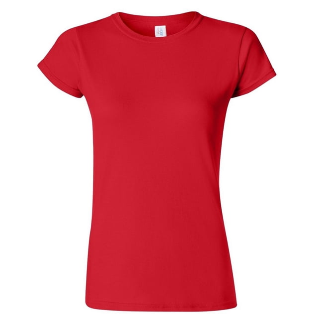 Gildan Ladies Soft Style Short Sleeve T-Shirt in a vibrant red color. Made from 100% ringspun cotton, this plain crew neck tee features a narrow ribbed neckline, short sleeves, and a soft, durable fabric with high stitch density. Designed with side seams, taped shoulders, and a tearaway label for added comfort. Certified sustainable with Oeko-Tex Standard 100, Sedex, and WRAP certifications. Available in sizes S to 3XL.