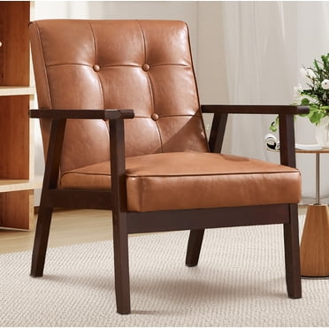 Bonzy Home Leather Accent Chair, Mid Century Modern Armchair with Solid Wood Legs, Reading Leisure Chairs with Thick Seat Cushion for Living Room Bedroom, Brown
