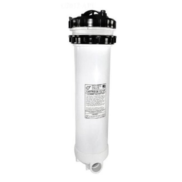 Gecko Alliance 502-9910 100 Sq.Ft. Cartridge Filter designed for water filtration systems, featuring a top load extended filter assembly with a multicolour design. Includes 2-inch intake and discharge with bypass valve, suitable for 1.5-inch plumbing installations using a bushing. Dimensions: 28.25 inches in length, 6-inch tank width, and 7.5-inch top/lid width. Ideal as a replacement water filter for home use.