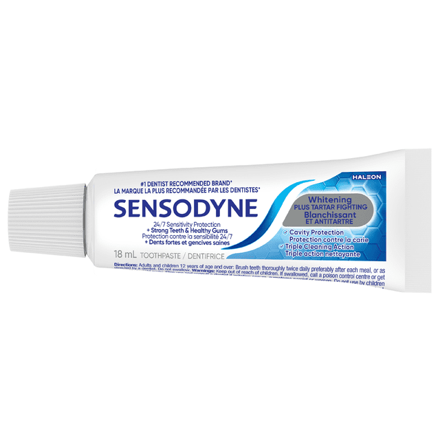 Sensodyne Whitening & Tartar Sensitivity Toothpaste travel size 18ml tube with white and blue packaging, providing 24/7 sensitivity protection, whitening plus tartar fighting, cavity protection, and triple cleaning action to remove plaque and support strong teeth and healthy gums.