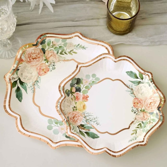 CUITING 25 Pack White Pink Paper Dessert Plates in Damask Floral Pattern 8” Round Disposable Salad Appetizer Plates with Scalloped Rims - 300 GSM