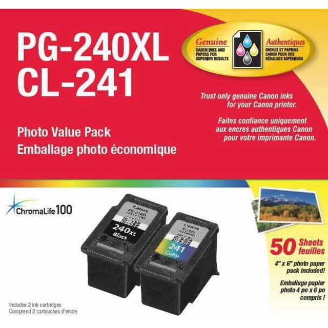 Canon PG-240XL and CL-241 Photo Value Pack with two ink cartridges labeled 240XL black and 241 color, including 50 sheets of 4x6 inch photo paper featuring ChromaLife100 technology and bilingual English-French packaging.