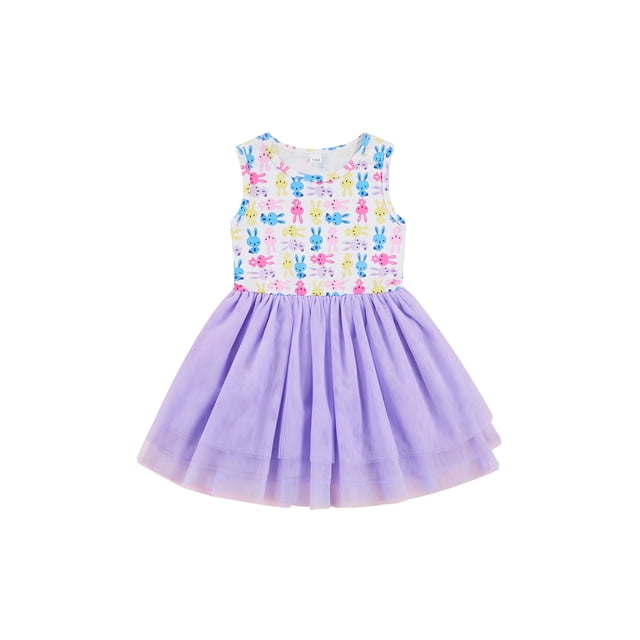 Xingqing Toddler Baby Girl Easter Sundress Rabbit Floral Print Sleeveless Tulle Patchwork Dress Summer Clothes
