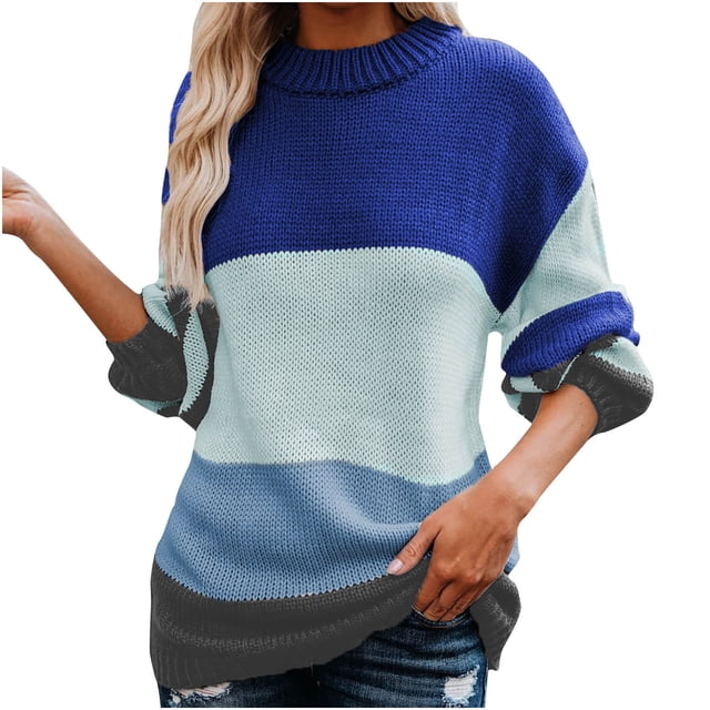 IROINID Chandail à Col Rond pour Femme, Chandail à Enfiler, Couleur Contrastante, Décontracté, Mi-Long, Manches Longues, Patchwork, Manteau en Tricot Épais
