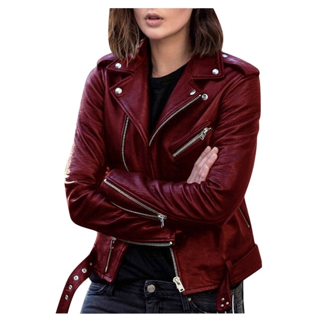 Women Cool Faux Leather Jacket Long Sleeve Zipper Fitted Coat Fall Short Jacket