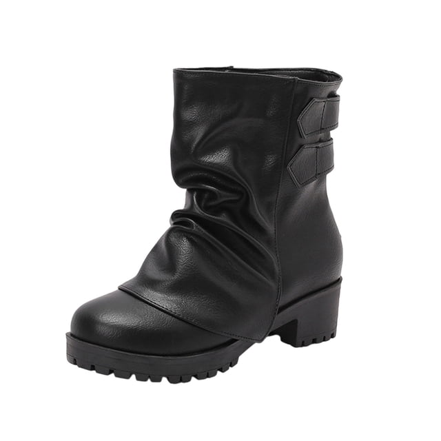 LOVZFMLL Boots for Women Mid Calf Stovepipe Boots Round Toe Slip Resistant Low Chunky Heel Punk Style Fall Winter Shoes