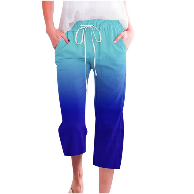 Linen Pants Women Summer Plus Size Active wear Printing Gradient Cargo Pants Mid Rise Softy Loose Fit Capri Pant Casual Lightweight Drawstring Fashion Daily Womens Pants With Pocket(Blue,M)