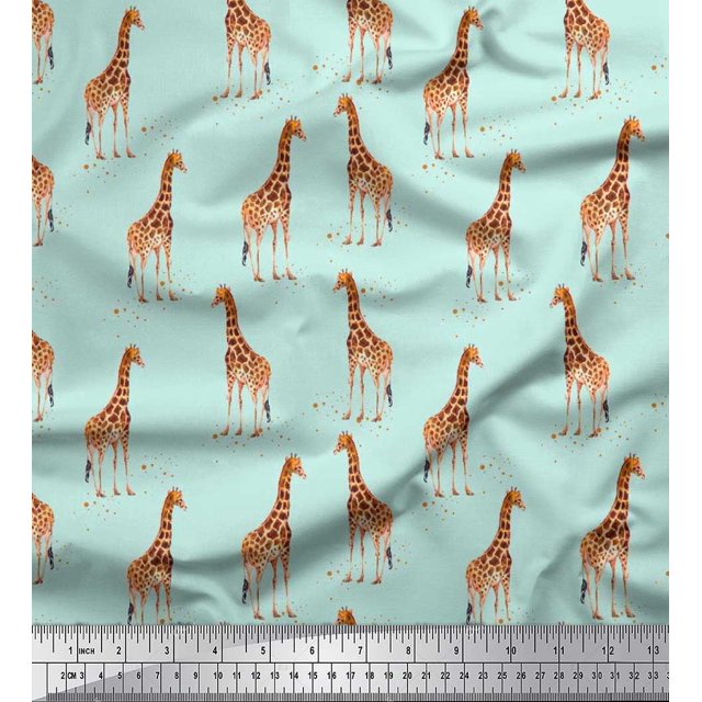 Soimoi Green polyester Crepe Fabric Dot & Giraffe Animal Print Fabric by The Yard 52 Inch Wide