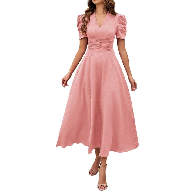 Daiosportswear Robe à Col en V pour Femme, Couleur Unie, Taille Haute, Manches Courtes, Rose, m(m)