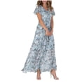 thumbnail image 4 of Robes pour Femmes Évasées Longues Robes Extensibles pour Femmes Robe en Chiffon à Fleurs Courte Robes Décontractées pour Femmes Manche à Volants Col en V Été Femmes Mode Décontractée Taille Robe Fluide pour Robes d'Été, 4 of 6