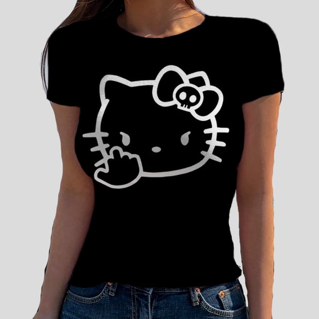 Hello Kitty T-Shirt Décontracté Quotidien à Impression 3D pour Femmes, Manches Courtes, Extensible, Col Rond, Passe-Partout, Nouvelle Arrivée pour l'Été, Ajusté, 2024, Haut