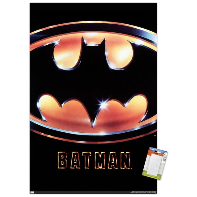 DC Comics Film Batman (1989) - Affiche Murale à Logo sur une Feuille Mettant en Vedette un Emblème de Chauve-Souris Noire Centré, Décrit en orange Lustré avec des Mèches Métalliques et des Paillettes au-Dessus du Mot Batman en Couleurs Assorties sur Fond Noir, Mesurant 22,375 par 34 Pouces, Convient à la Déco Murale et Facile à Accrocher avec des Supports Adhésifs.