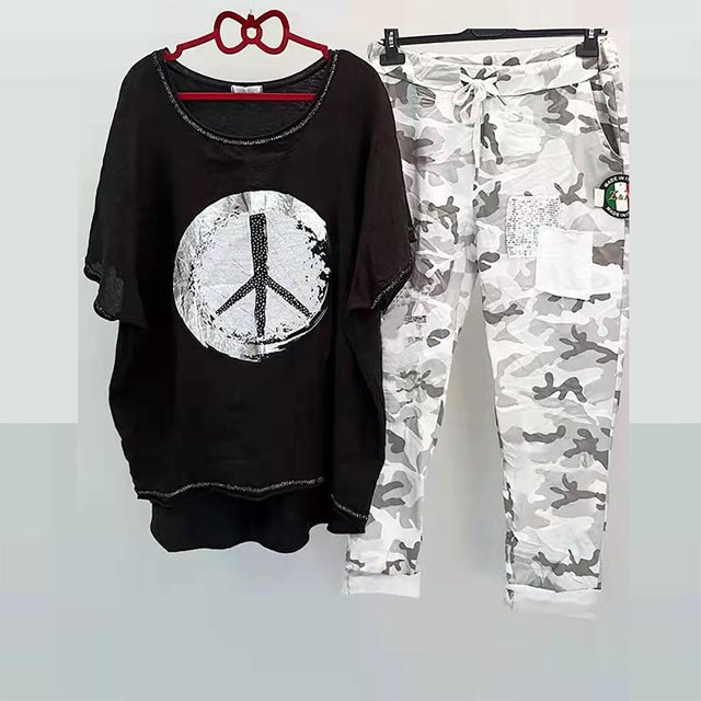 Jsaierl Ensembles en Lin pour Femmes 2 Pcs Dames Imprimé Col Ras du Cou Manches Mi-Longues Chandail à Enfiler Chemise Hauts et Pantalons Ensemble de Pantalons
