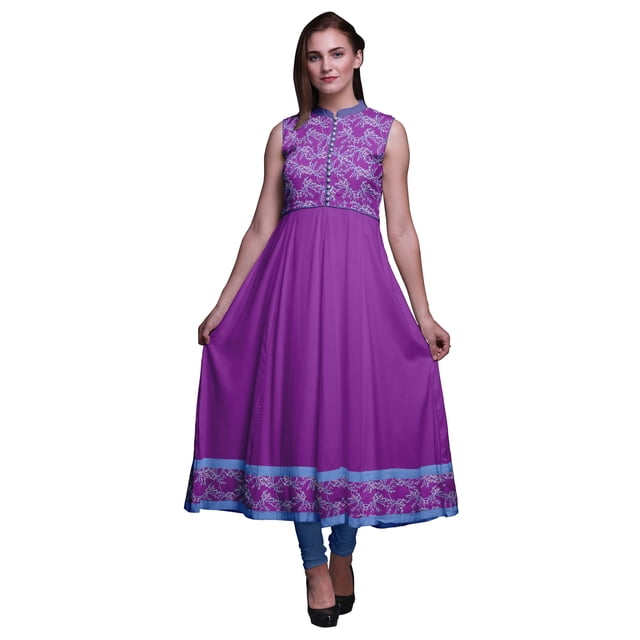 Bimba Robe Anarkali Océan Violet Col Mandarin Sans Manches Kurtis pour Femmes Imprimé Robe Maxi Moyen