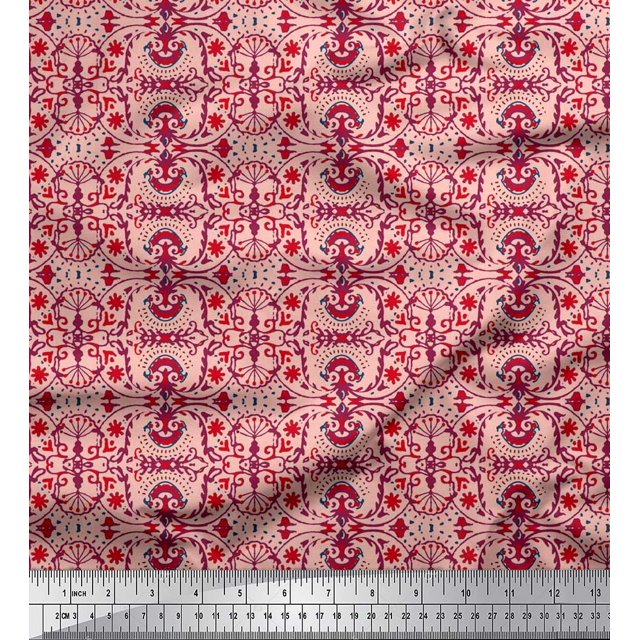 Soimoi Polyester Crepe Fabric Damask Ethnic Printed Fabric 1 Yard 42 Inch Wide