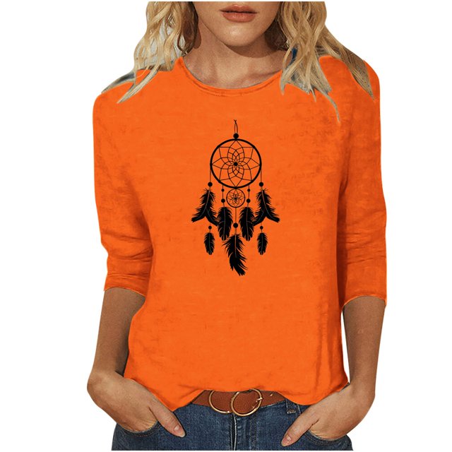 Dadaria T-Shirt Orange pour Femmes Manches 3/4 Col Rond Grande Taille Attrape-Rêves d'Été Blouses L