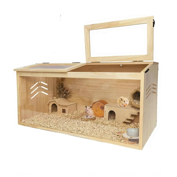 BeesClover Large Wood Hamster Cage, Indoor Guinea Pig Cages with 2 Lockable Top Covers & Acrylic Viewing Window, Critter Nation Cage for Syrian Hamster, Gerbil, Guinea Pig