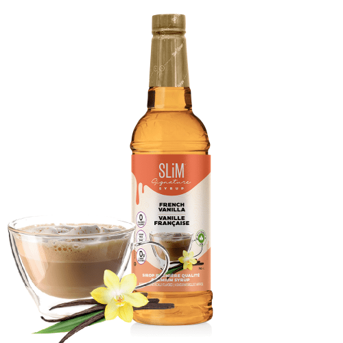 Slim Syrups Sugar Free French Vanilla Syrup in a 750 ml bottle with a beige and orange label, featuring 0 calories, 0 sugar, and 0 carbs. The bottle is displayed alongside a glass cup of coffee and a vanilla flower garnish, emphasizing its keto-friendly and sugar-free attributes.